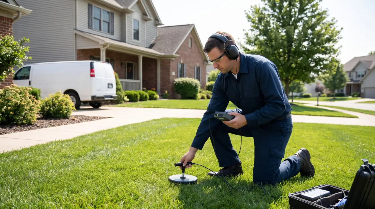 Technician using listening equipment on a lawn